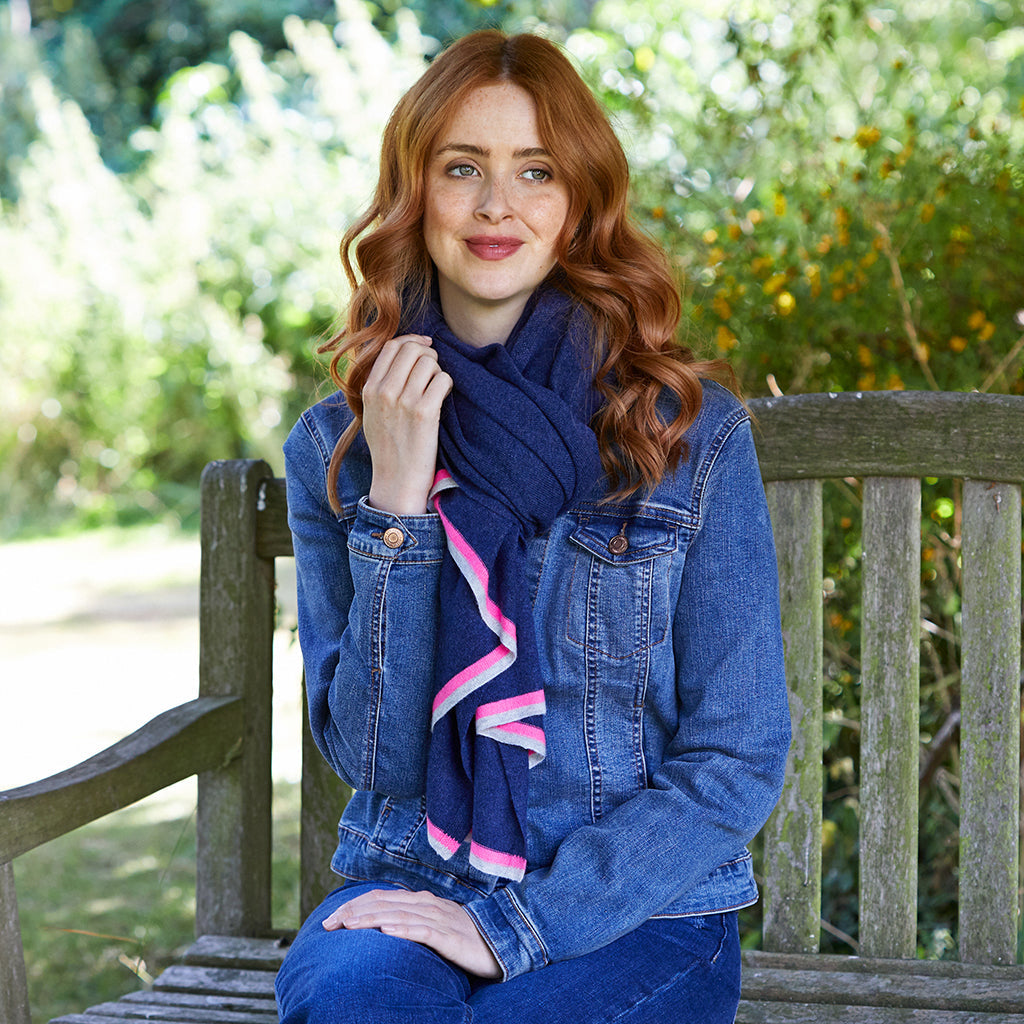 Renee Wrist Warmers Indigo With Grey & Neon Pink - Rock the Jumpsuit